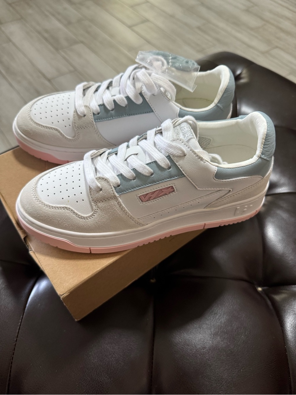 Vintage Havana White Sneakers with Light Blue Panels and Pink Trim